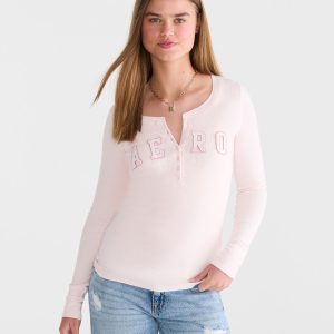 Long Sleeve Rhinestone Logo Graphic Henley - Pearl