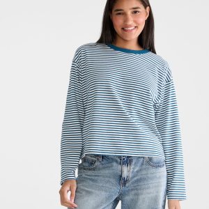 Long Sleeve Striped Oversized Crew Tee - Aruba Teal