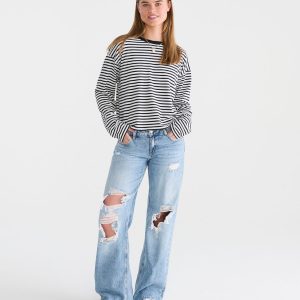 Long Sleeve Striped Oversized Crew Tee - Black Fox