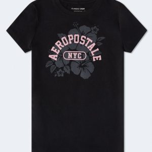 Aeropostale NYC Hibiscus Flocked Graphic Tee - Black Fox
