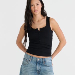 Seriously Soft Lace-Trim Henley Cami - Black Fox