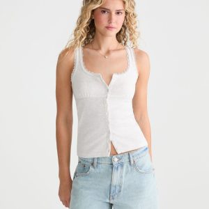 Seriously Soft Lace-Trim Buttoned Tank Top - Lightest Heather Grey