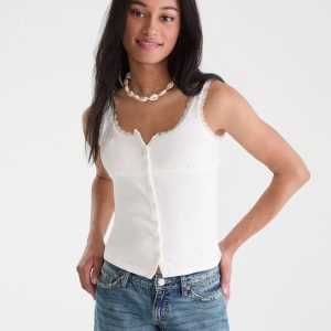 Seriously Soft Lace-Trim Buttoned Tank Top - Cream