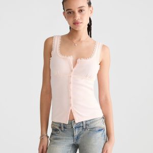 Seriously Soft Lace-Trim Buttoned Tank Top - Pink Flambe