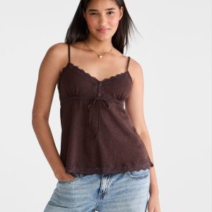 Lace-Trim V-Neck Babydoll Cami - Jaspe Muted Ebony