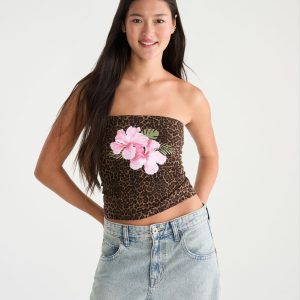 Déjà For Aero Floral Leopard Print Tube Top - Almond Praline