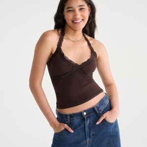 Déjà For Aero Lace V-Neck Halter Top - Brown