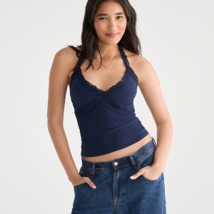 Déjà For Aero Lace V-Neck Halter Top - Navy