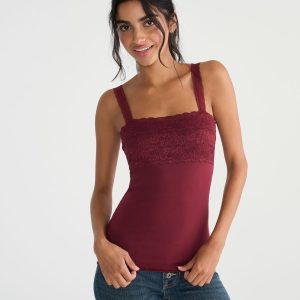 Lace Square-Neck Cami - Rustic Wine