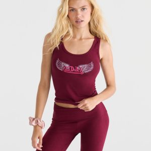 Von Dutch Rhinestone Wings Tank Top - Deep Claret