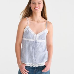 Striped Lace-Trim V-Neck Babydoll Cami - Cream