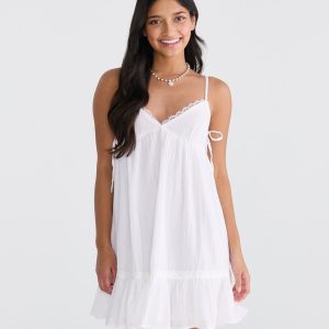 Solid V-Neck Lace-Trim Babydoll Mini Dress - Bleach