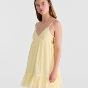 Solid V-Neck Lace-Trim Babydoll Mini Dress - Gold Tensel