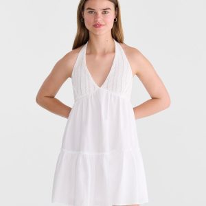 Solid V-Neck Crocheted Halter Mini Dress - Bleach
