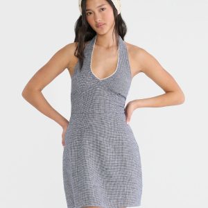 Gingham V-Neck Halter A-Line Mini Dress - Cream