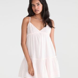 Solid V-Neck Crocheted Babydoll Mini Dress - Pink Flambe