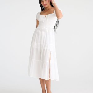 Solid Square-Neck Smocked Maxi Dress - Bleach