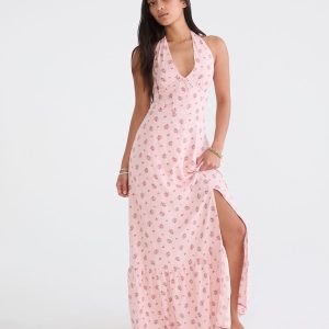 Floral V-Neck Halter Maxi Dress - Pink