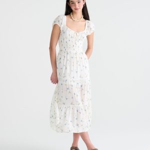 Floral Scoop-Neck Smocked Waist Midi Dress - Cream