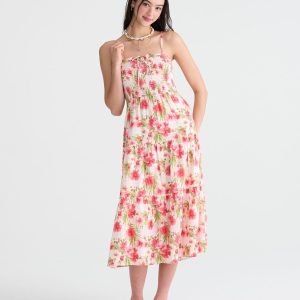 Floral Strapless Smocked Midi Dress - Cool Pink