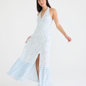 Floral V-Neck Halter Maxi Dress - Cream