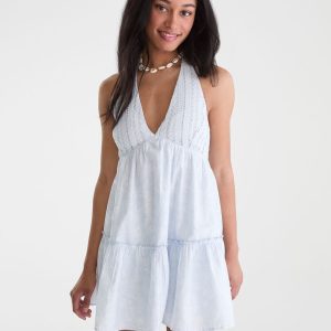 Floral V-Neck Crocheted Halter Mini Dress - Skysail Blue