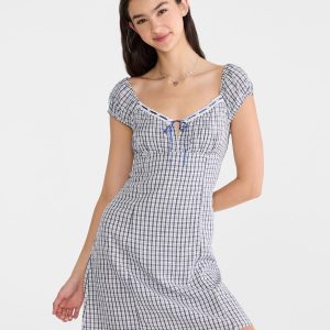Plaid Scoop-Neck A-Line Mini Dress - Cloudy Blue