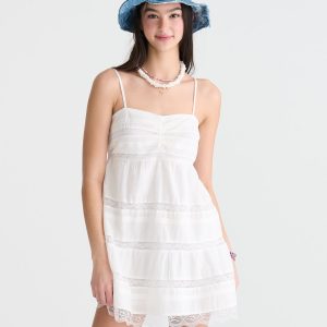 Solid Sweetheart Pintuck & Lace Babydoll Dress - Cream