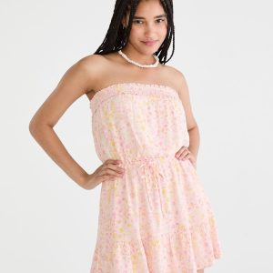 Floral Strapless Cinched-Waist Mini Dress - Barely Pink