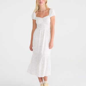 Floral Bow Print Sweetheart Midi Dress - Cream