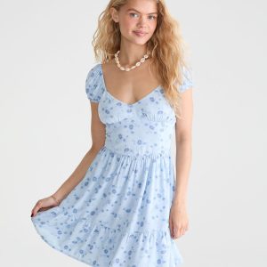 Floral V-Neck Fit & Flare Mini Dress - Blue Haze
