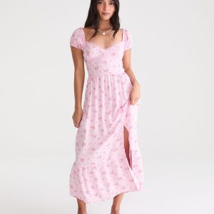 Floral V-Neck Lace Midi Dress - Amaranth Pink