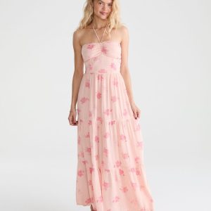 Floral Halter Maxi Dress - Pink Flambe