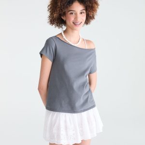Seriously Soft Off-The-Shoulder Vintage Fit Tee - Rainy Grey