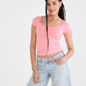 Buttery Soft Cinched Scoop-Neck Tee - Heather Rose