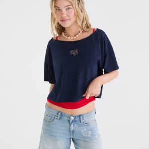 Seriously Soft American Flag Off-The-Shoulder Boyfriend Graphic Tee - Cadet Navy