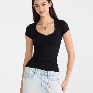 Seriously Soft Lace-Trim Scoop Tee - Black Fox