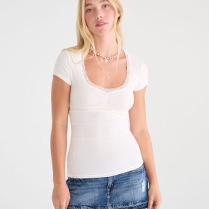 Seriously Soft Lace-Trim Scoop Tee - Cream