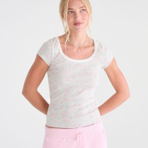 Seriously Soft Floral Ribbon Lace Scoop Tee - Caribbean Sea