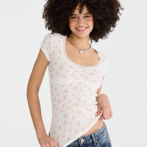 Seriously Soft Floral Lace-Trim Scoop-Neck Tee - Cream