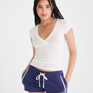 Ribbed V-Neck Tee - White