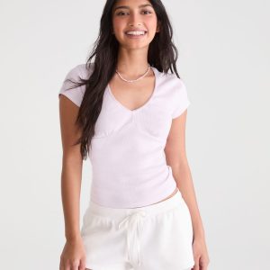 Seriously Soft Picot-Trim V-Neck Tee - Lilac Holiday