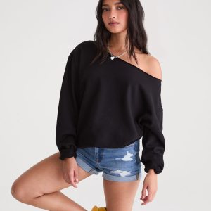 Cloud Soft Oversized Off-The-Shoulder Sweatshirt - Black Fox