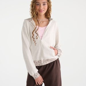 Cloud Soft Leopard-Trim Oversized Full-Zip Hoodie - Lightest Heather Grey