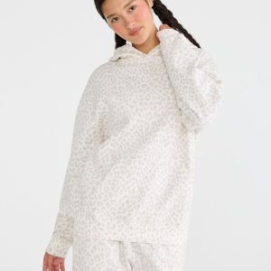 Cloud Soft Leopard Print Oversized Pullover Hoodie - Cream