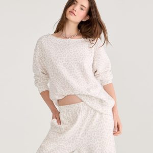 Cloud Soft Snow Leopard Print Oversized Off-The-Shoulder Sweatshirt - Cream