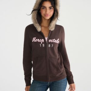 Aeropostale 1987 Faux Fur Full-Zip Hoodie - Jaspe Muted Ebony