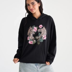 Déjà For Aero Floral Tigers Oversized Pullover Hoodie - Black