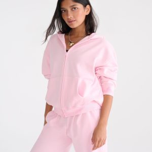 Cloud Soft Camo-Trim Oversized Full-Zip Hoodie - Mermaid Pink