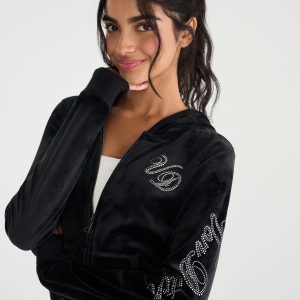 Von Dutch Rhinestone Logo Velour Full-Zip Hoodie - Black Fox